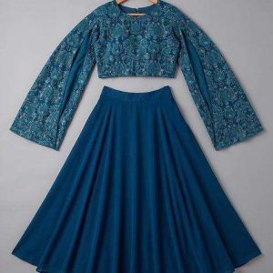 girls blue embellished blouse georgette lehenga set