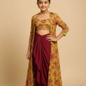 girls mustard yellow floral print silk fusion set