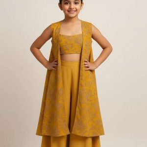 girls mustard yellow floral print satin fusion set