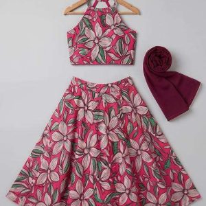 girls pink satin floral printed lehenga set