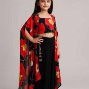 girls black floral print georgette fusion set