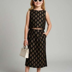 girls black brocade skirt set