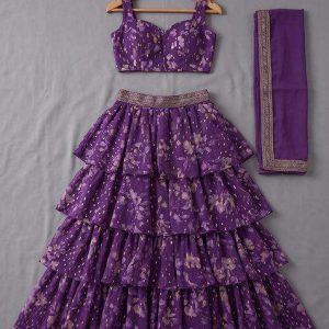 girls purple floral printed chiffon lehenga set