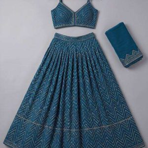 girls blue embroidered chinon lehenga set