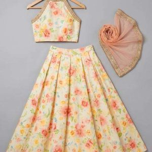girls cream satin floral printed lehenga set