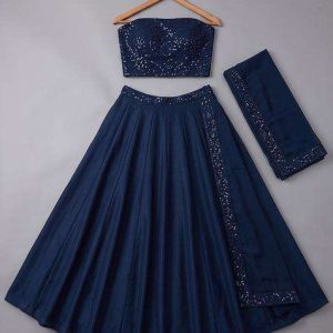 girls navy blue embroidered blouse silk lehenga set