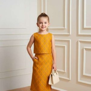 girls mustard yellow brocade skirt set