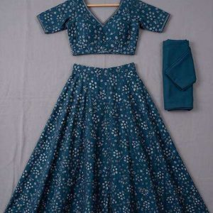 girls blue cotton bandhani printed lehenga set