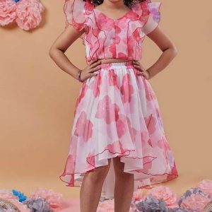 white printed organza top with skirt (set of 2)