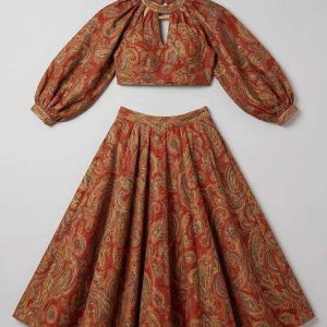 girls maroon satin paisley printed lehenga set