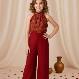 girls maroon brocade co ord set
