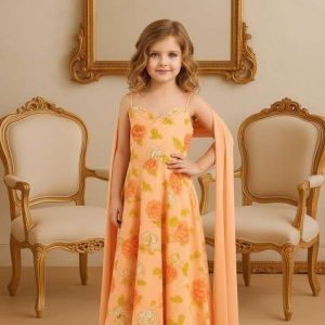 girls peach georgette floral printed anarkali set