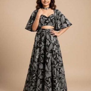 girls black crepe floral printed lehenga set