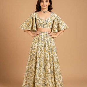 girls yellow crepe paisley printed lehenga set