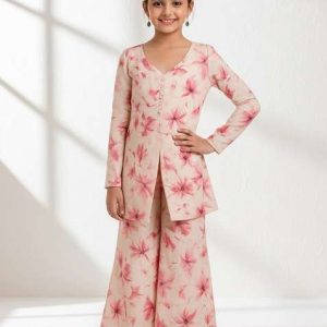 girls cream georgette floral printed fusion set