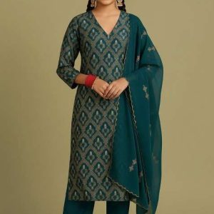 girls teal blue brocade kurta set