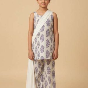 girls off white satin block printed short kurta with palazzo