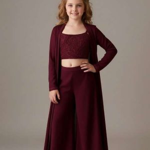 girls maroon georgette sequin embroidered blouse fusion set
