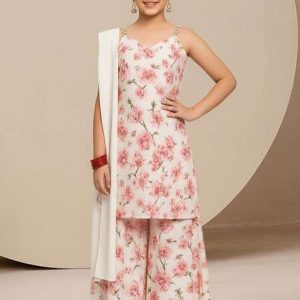 girls white satin floral printed kurta set