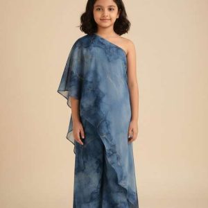 girls blue abstract printed fusion set