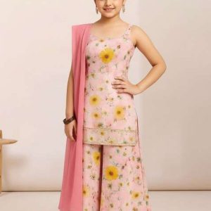 girls pink satin floral printed kurta set