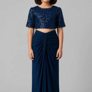 girls blue georgette sequin blouse fusion set