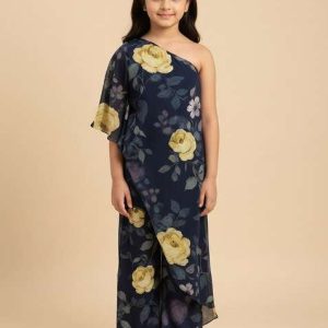 girls dark blue floral printed fusion set