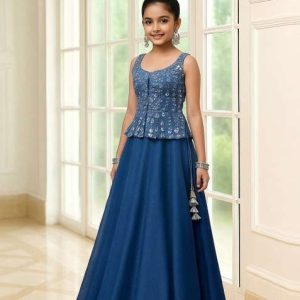 girls blue georgette embellished blouse lehenga set