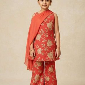 girls peach satin floral printed short kurta with palazzo