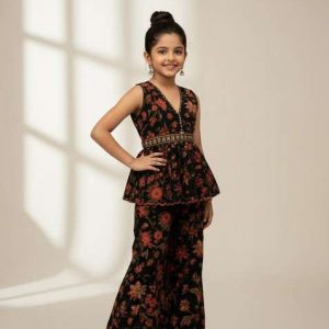 girls black georgette floral printed short kurta with palazzo