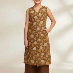 girls brown satin floral printed kurta set