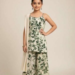 girls green satin floral printed kurta set