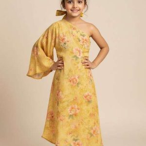 girls yellow chiffon floral printed dress