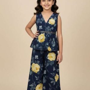 girls blue georgette floral printed short kurta with palazzo