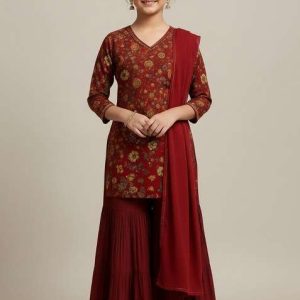 girls maroon chiffon floral printed sharara set