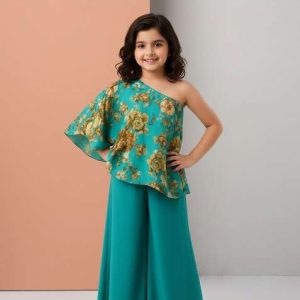 girls teal green satin floral printed fusion set