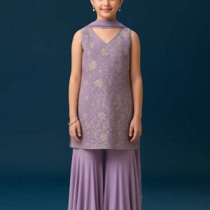 girls purple georgette embroidered kurta set