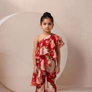 girls red satin floral printed fusion set
