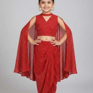 girls red crepe bandhani printed fusion set