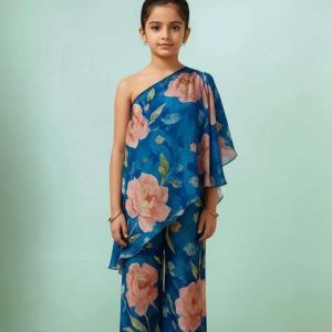 girls blue satin floral printed fusion set