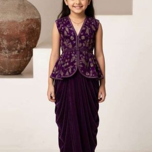 girls purple embroidered blouse fusion set