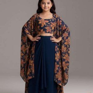 girls blue silk floral printed fusion set