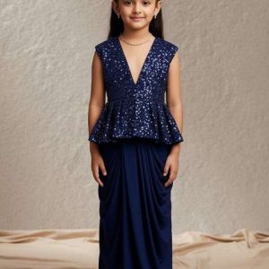 girls navy blue georgette sequin blouse fusion set