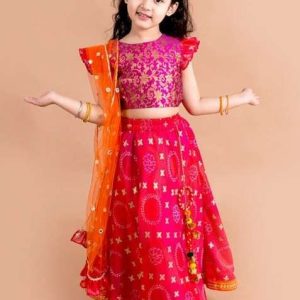 pink and orange lehenga with blouse with dupatta (set of 3)