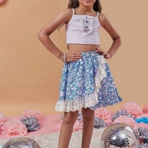 blue printed poly crepe skirt with rib top (set of 2)