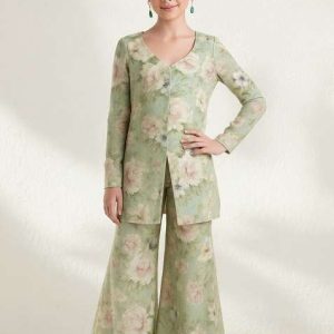 girls sage green georgette floral printed fusion set