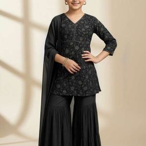 girls black chiffon floral printed sharara set