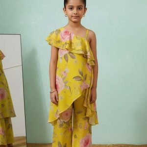 girls yellow satin floral printed fusion set