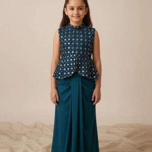 girls blue silk embellished blouse fusion set