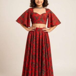 girls red crepe floral printed lehenga set